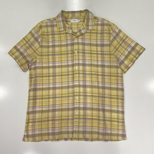 Onia Mens Spring Shirt Yellow Brown Plaid Check Button Short Sleeve XL Easter